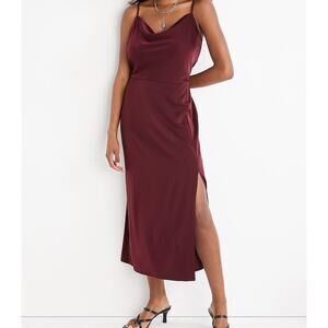 Satin Slip Cowl Neck Dress Midi Burgundy Sz L Adjustable Staps